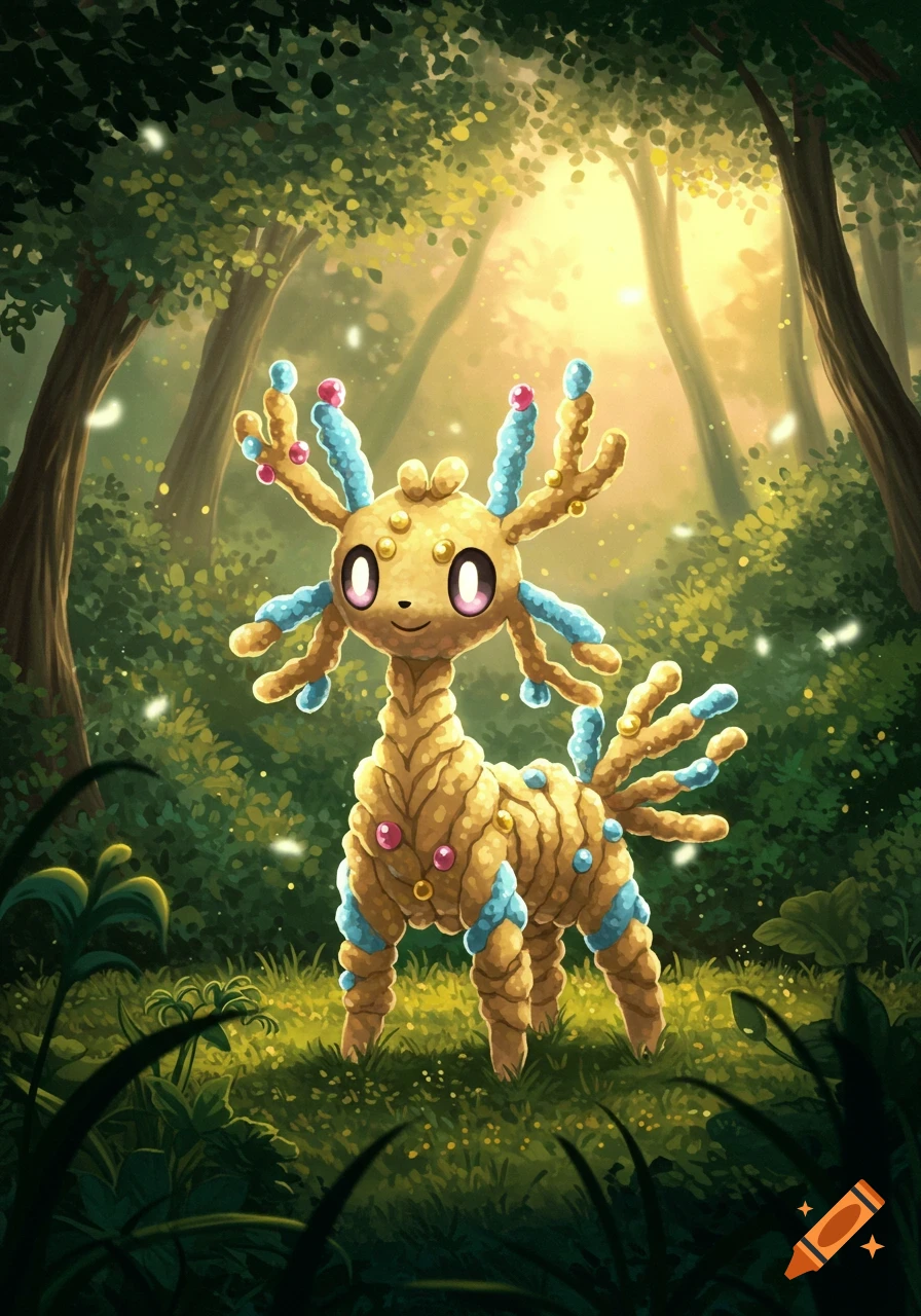 A cute, golden, deer-like creature with blue and pink bulbous adornments and branching antlers stands in a sun-dappled green forest.