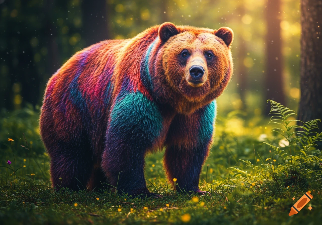 A real bear with vibrant, multi-colored fur like fruity pebbles stands in a sunlit forest.