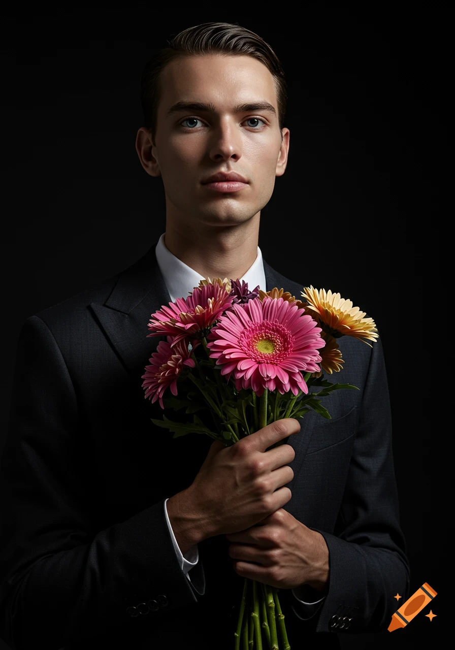A man in a dark suit holds a vibrant bouquet of pink and yellow gerbera daisies against a black background in a studio portrait.