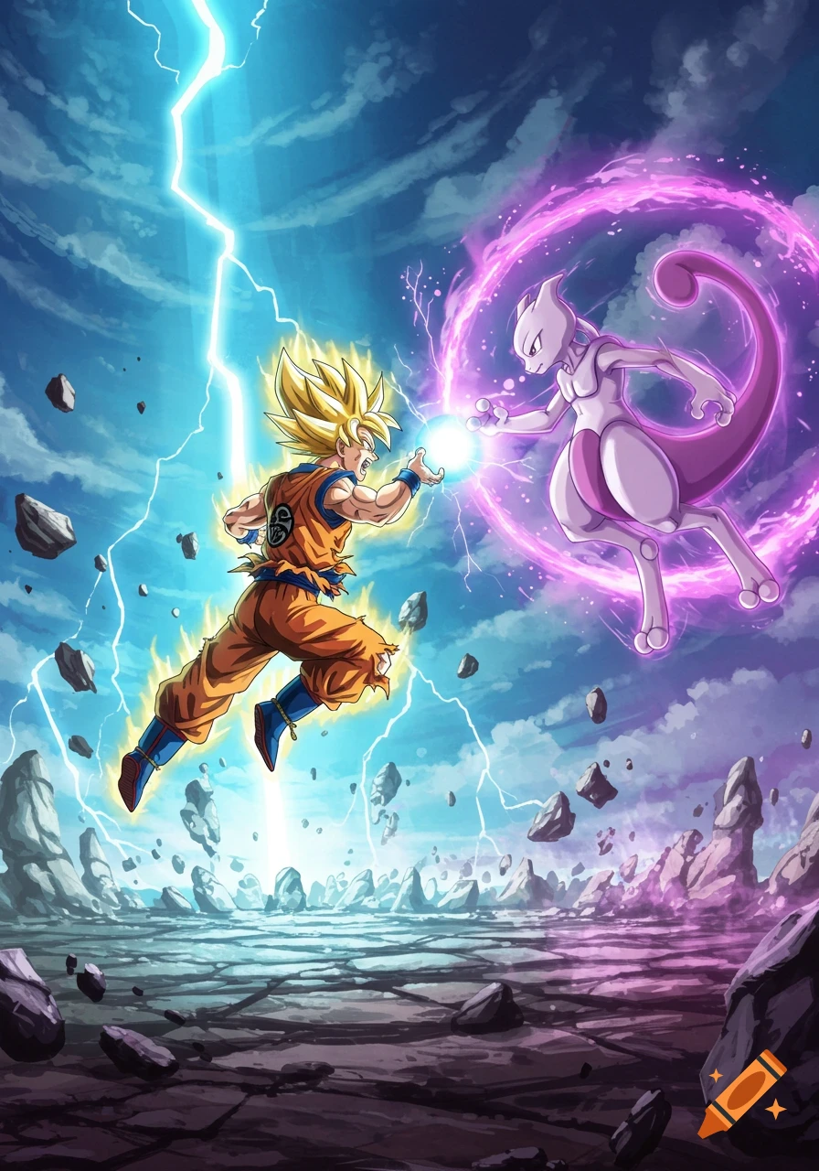Goku, as a Super Saiyan, charges a blue energy attack at Mewtwo, who is surrounded by a purple aura, in an anime-style battle scene with lightning.