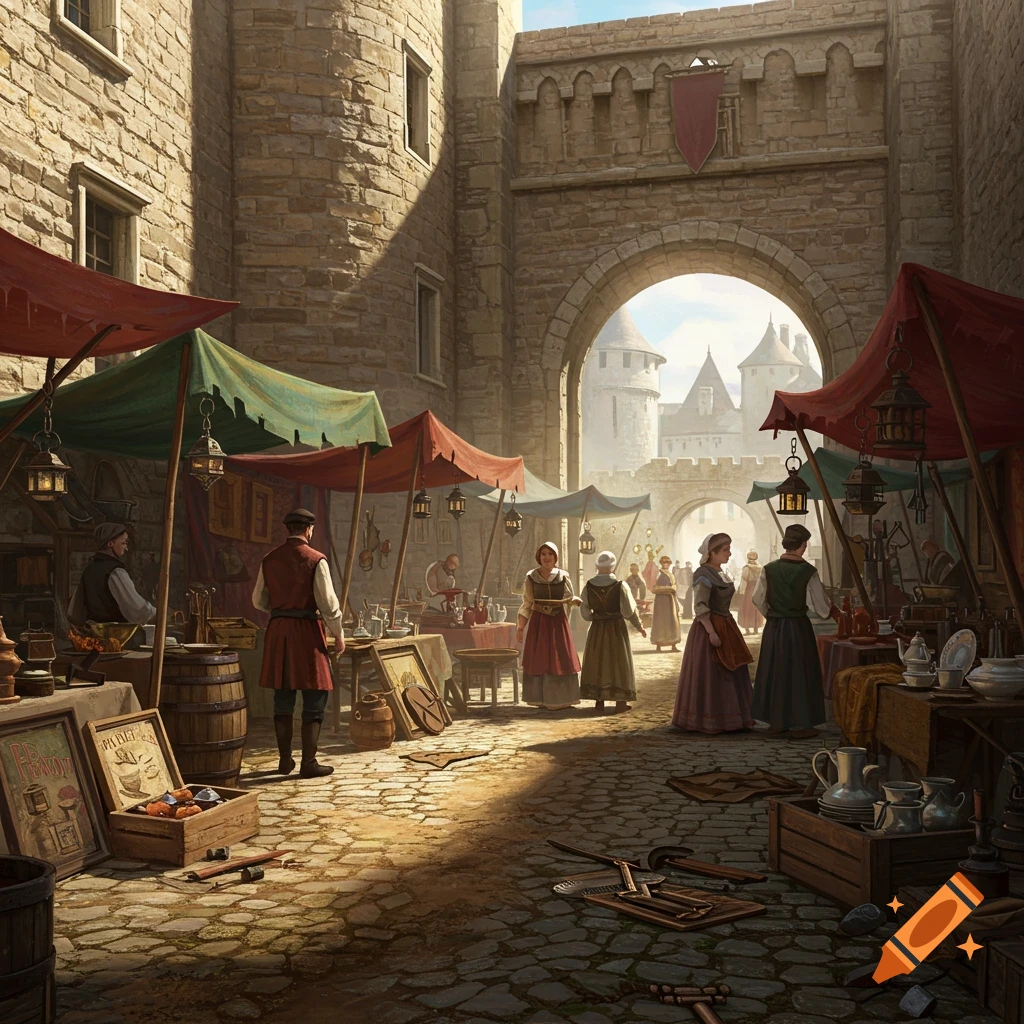 A bustling medieval market scene under a grand castle archway, with vendors, shoppers, and various goods on cobblestone pavement.