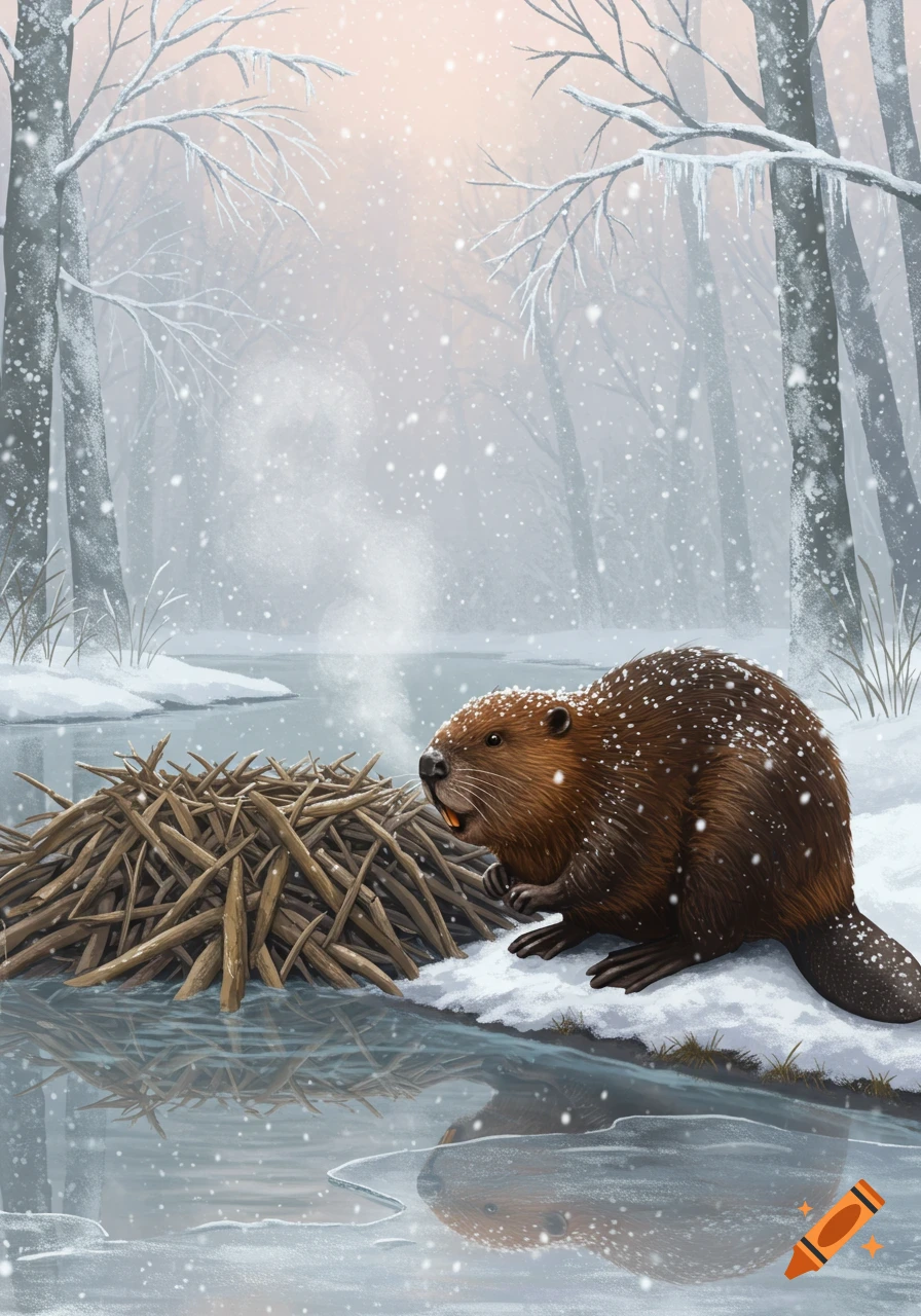 Illustrated beaver standing beside its lodge in a snowy, icy winter forest scene with falling snow.