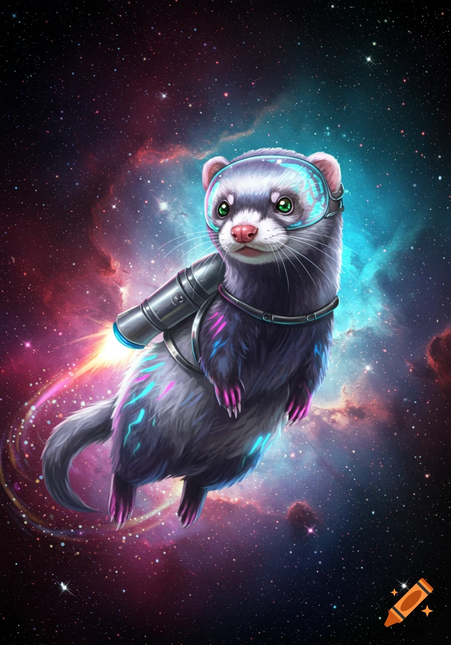 A stylized ferret wearing glowing goggles and a jetpack flies through a vibrant, colorful galaxy filled with stars and nebulae.