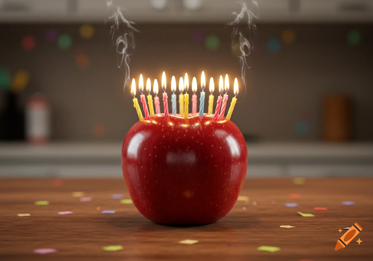 A vibrant red apple with numerous lit birthday candles stuck in it, on a wooden table with confetti in a blurred kitchen background.