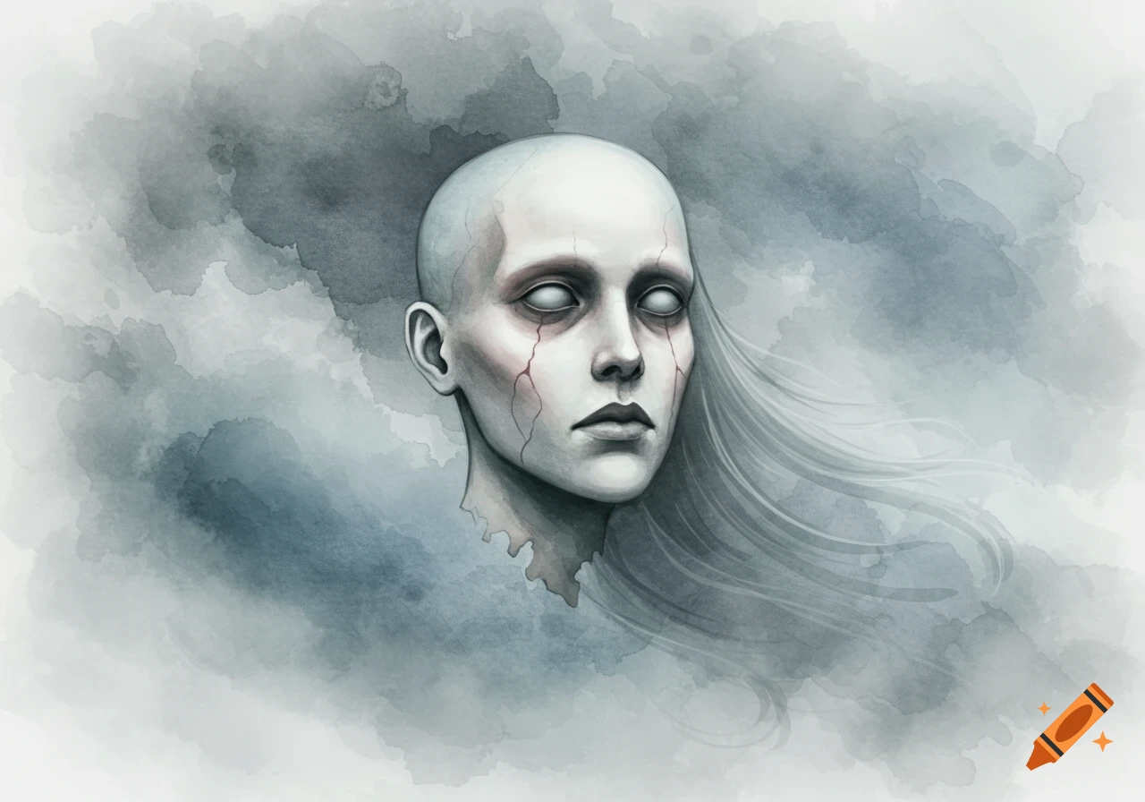 A bald, pale, cracked face with white eyes and flowing hair floats in a watercolor mist.