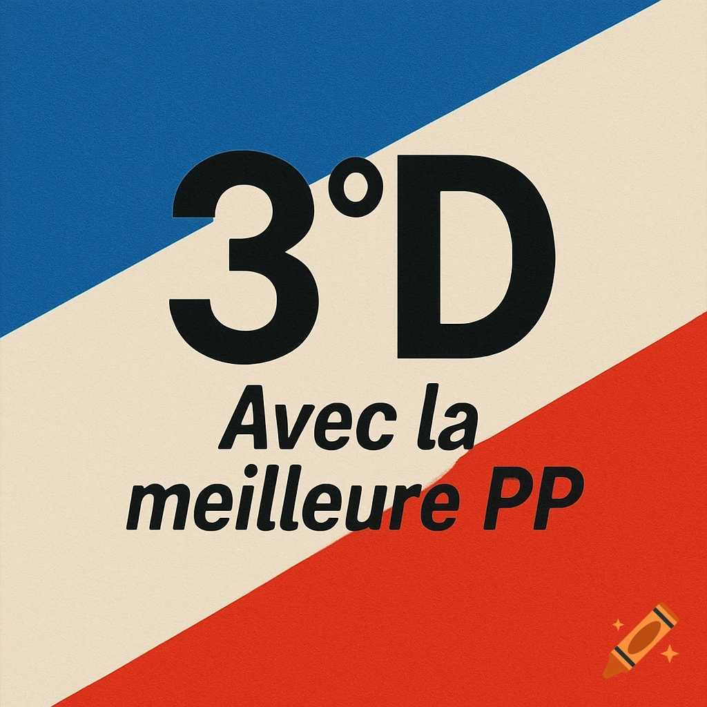 A minimalist graphic design featuring diagonal blue, cream, and red stripes with the text '30D' and 'Avec la meilleure PP' in black.