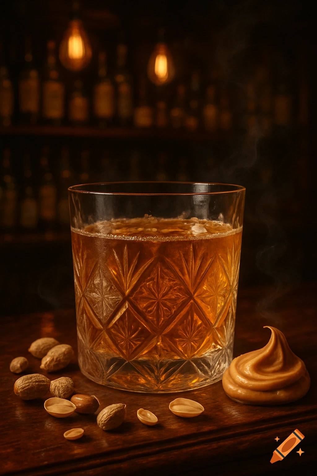 A glass of whiskey with peanuts and a swirl of peanut butter on a wooden bar, with blurred bottles and lights in the background.