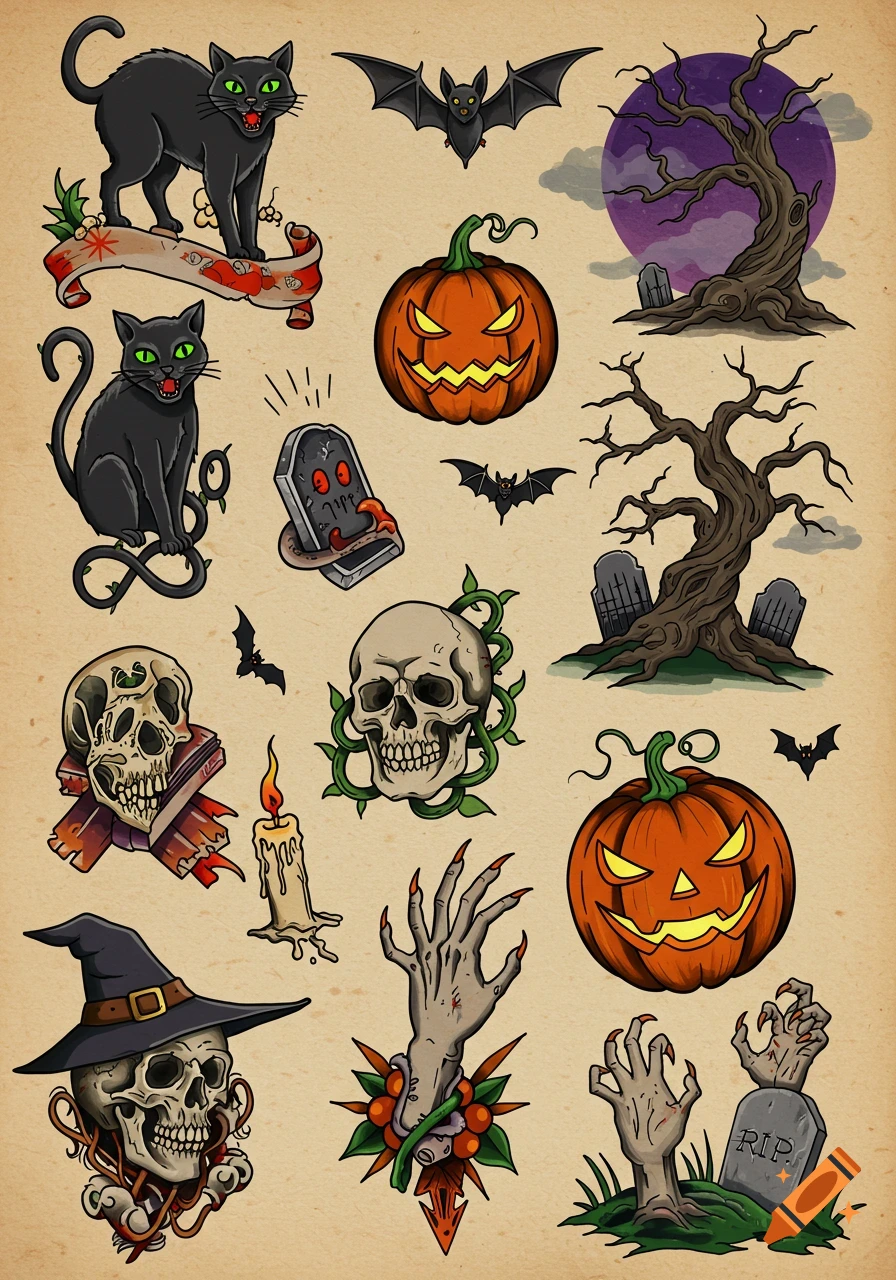 A classic Halloween tattoo flash sheet featuring black cats, jack-o'-lanterns, skulls, bats, gravestones, and zombie hands on a parchment background.