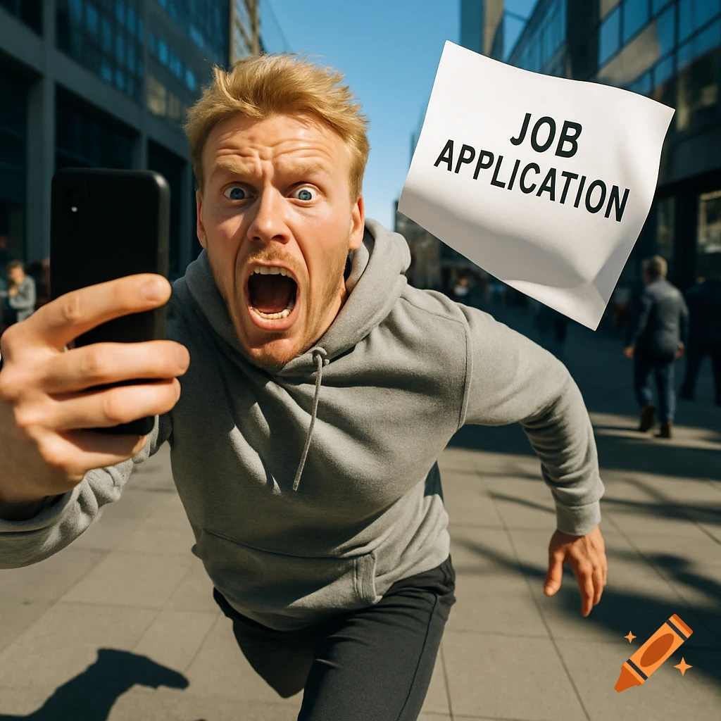 A photorealistic image of a blonde man screaming and running with a phone in an urban street, as a 'JOB APPLICATION' paper chases him.