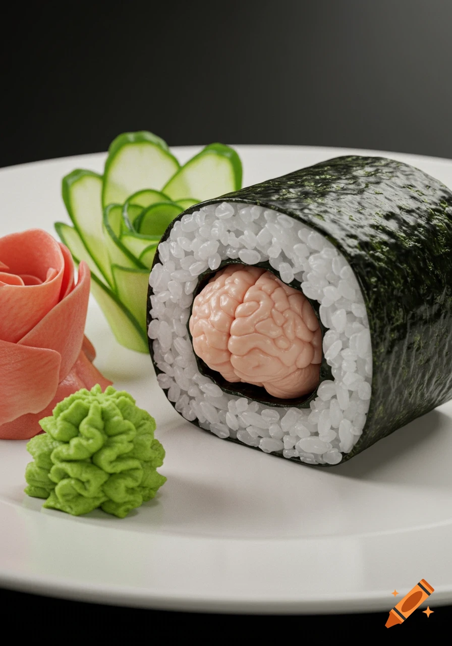 A photorealistic sushi roll with a human brain as the filling, served on a white plate with ginger, cucumber, and wasabi.