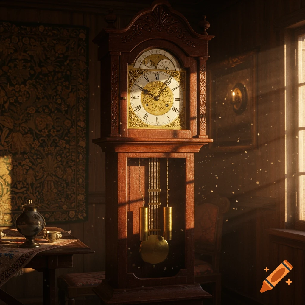 An ornate wooden grandfather clock with golden pendulum and face in a sunlit, antique room.