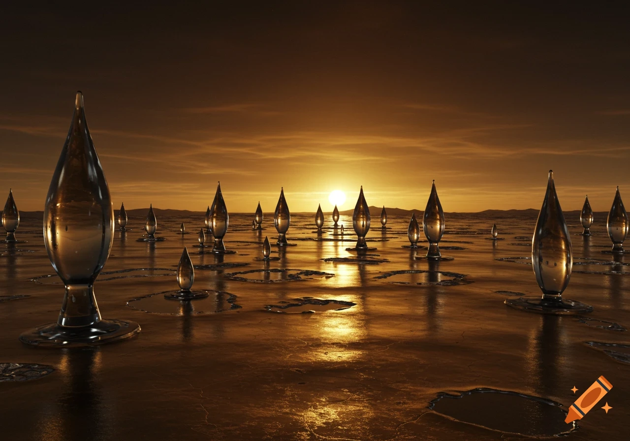 Surreal alien landscape at sunset with reflective, droplet-like metallic structures on a golden, mercurial surface under a bronze-brown sky.