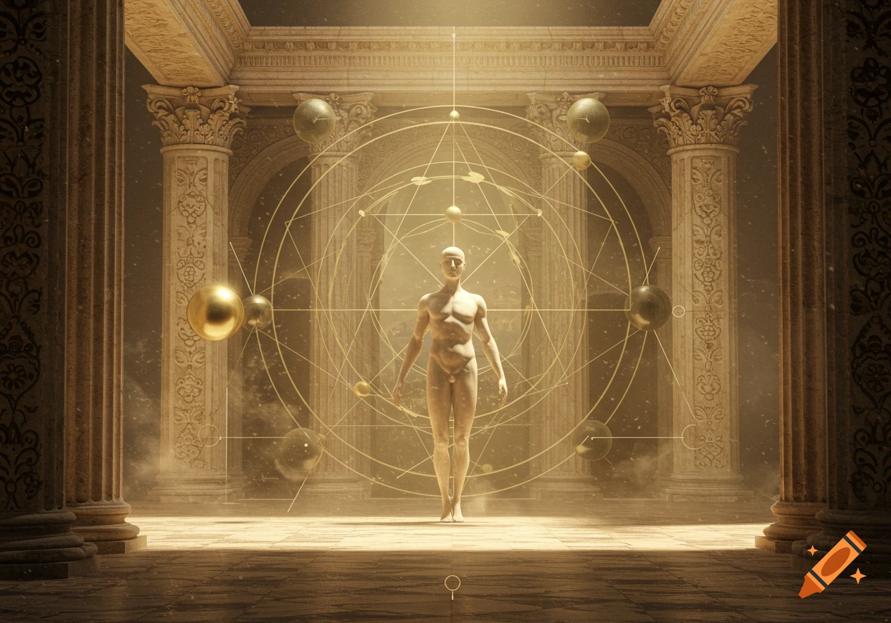 A nude human figure stands centered in an ancient, illuminated temple, surrounded by golden spheres and complex geometric patterns.