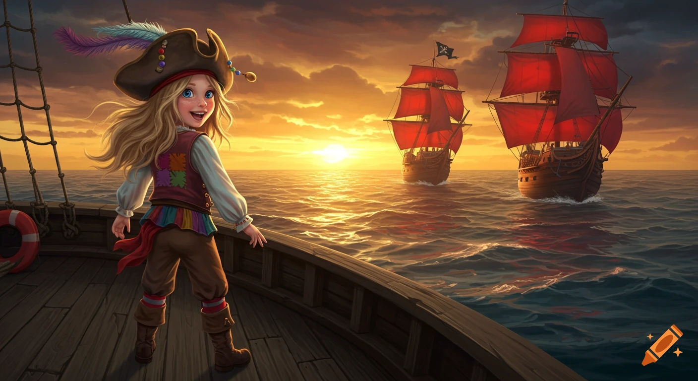 A joyful blonde girl pirate stands on a ship deck at sunset, two red-sailed pirate ships sailing on the ocean in the distance. Illustration.