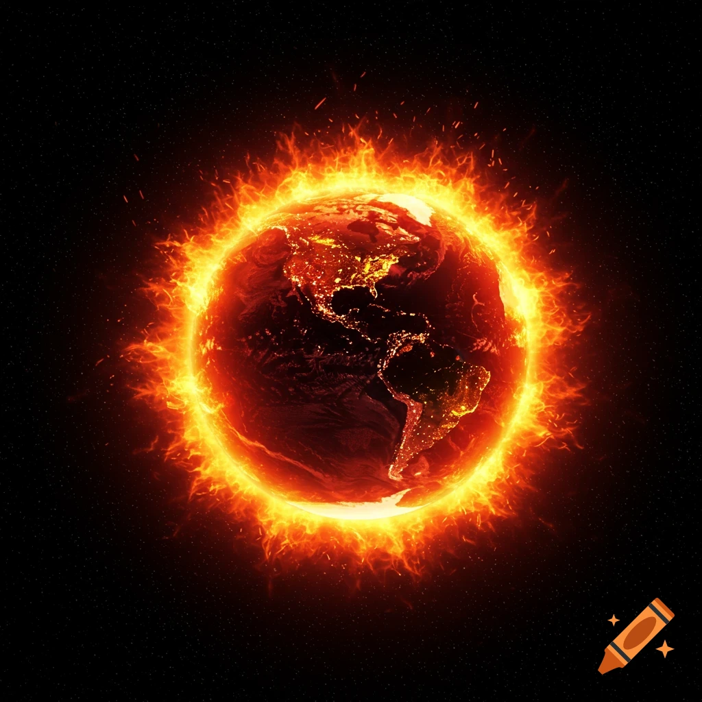 A vibrant image of planet Earth engulfed in fiery orange and red flames, set against a dark, star-filled cosmic background.