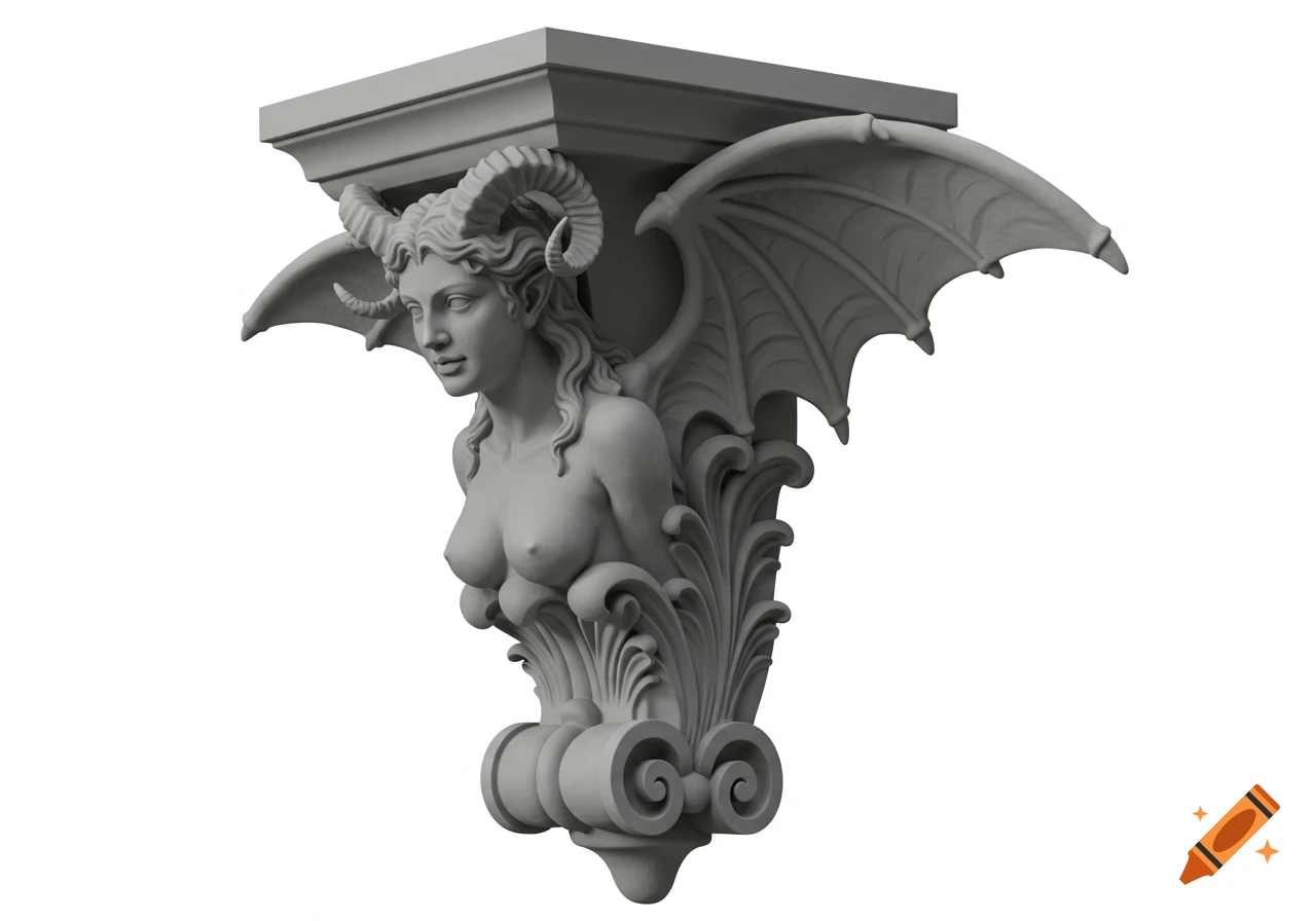 A grey plaster sculpture of a female succubus corbel with horns and bat wings, on a white background.