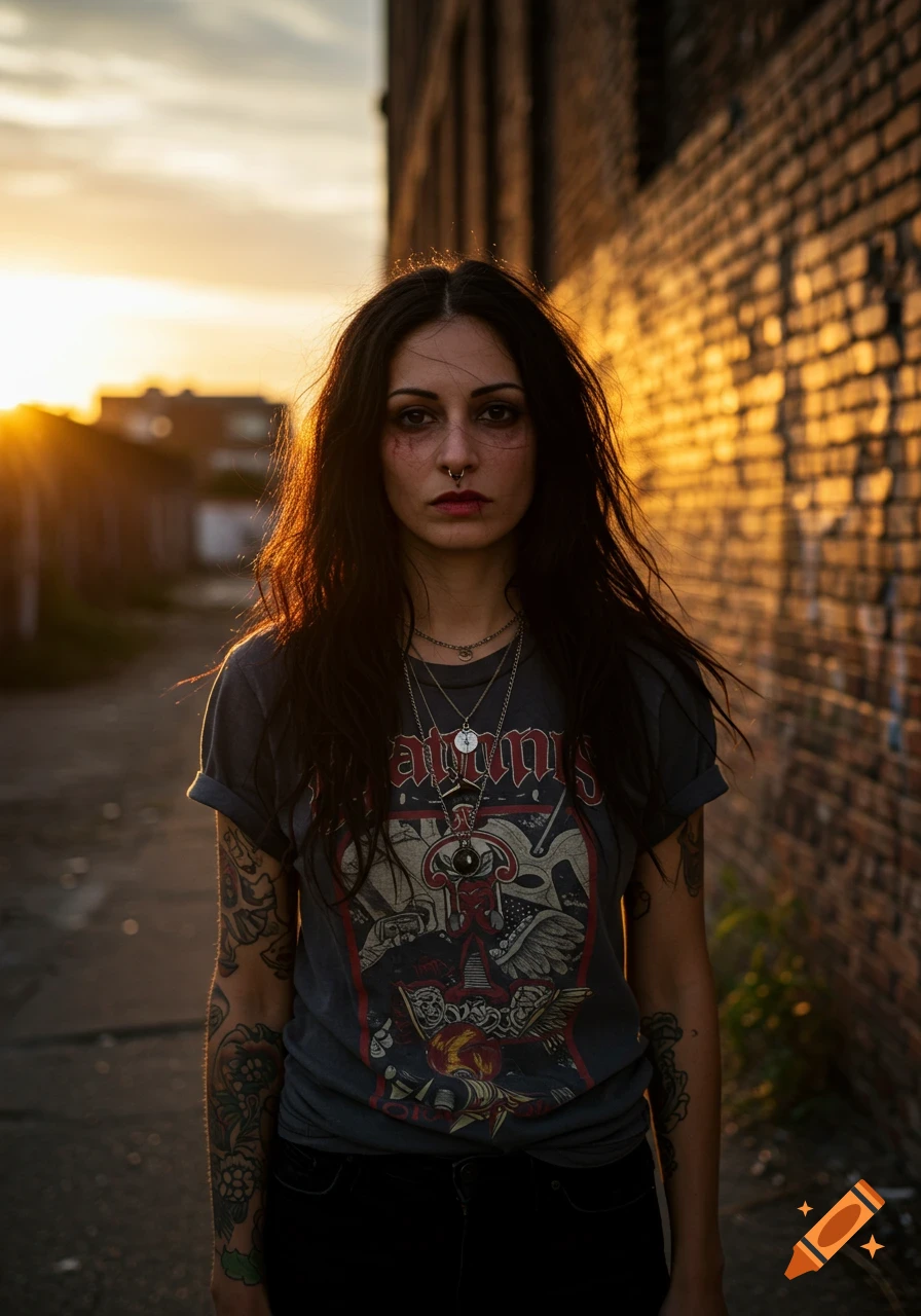 A woman with dark hair, piercings, and tattoos wears a band t-shirt in an urban alley at sunset.