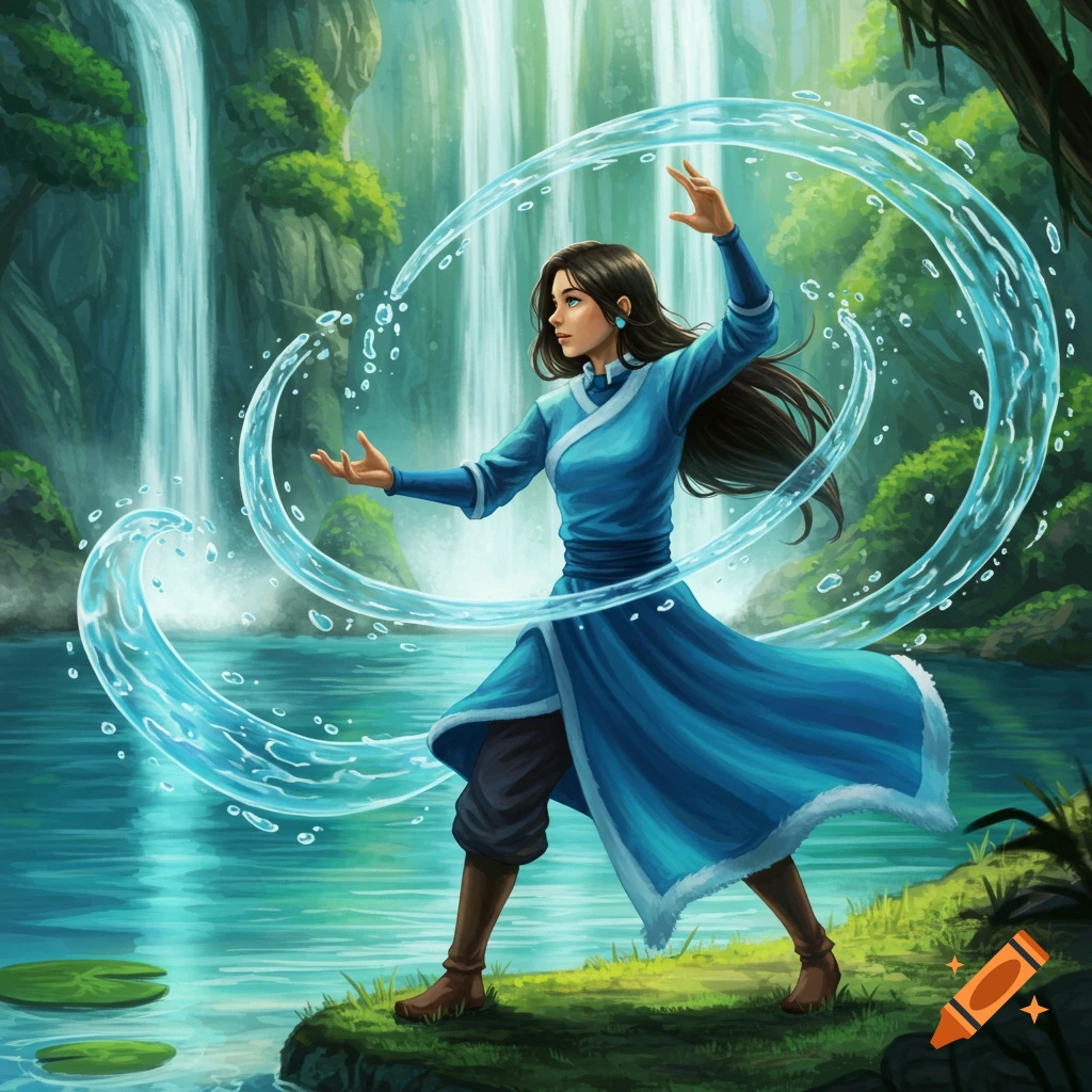 An illustrated girl in a blue outfit, a waterbender, creates a swirling arc of water in front of multi-tiered waterfalls.