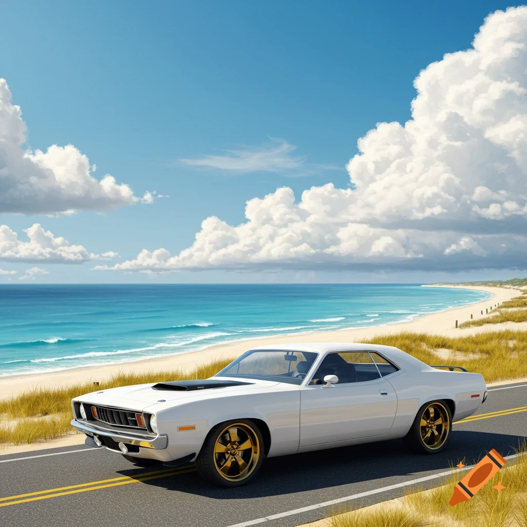 A white 1970 Plymouth Roadrunner with gold rims parked on a road next to a sunny beach with blue ocean and white clouds.