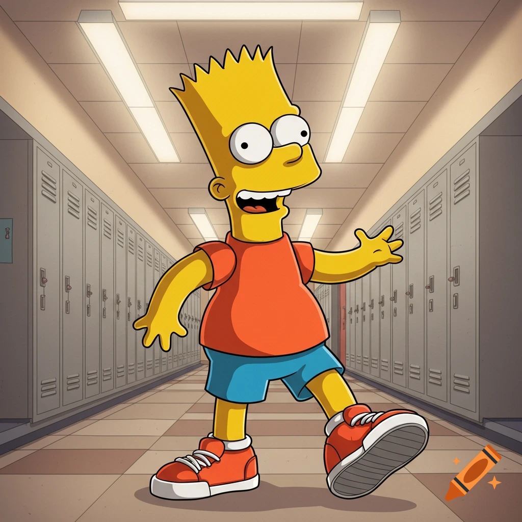 Bart Simpson walks in a school hallway, wearing an orange shirt, blue shorts, and red sneakers.