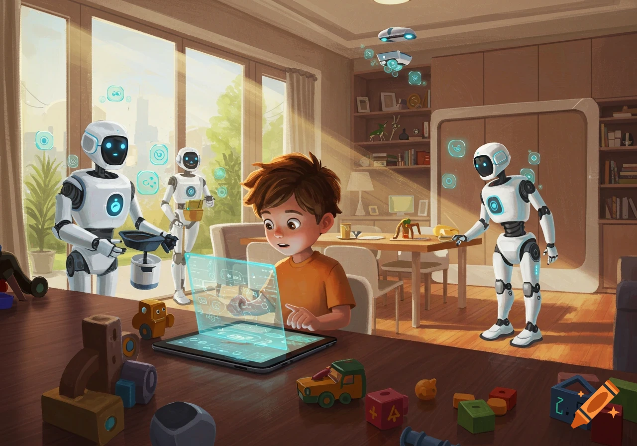 An illustration of a young boy interacting with futuristic holographic tech in a living room, surrounded by helper robots.