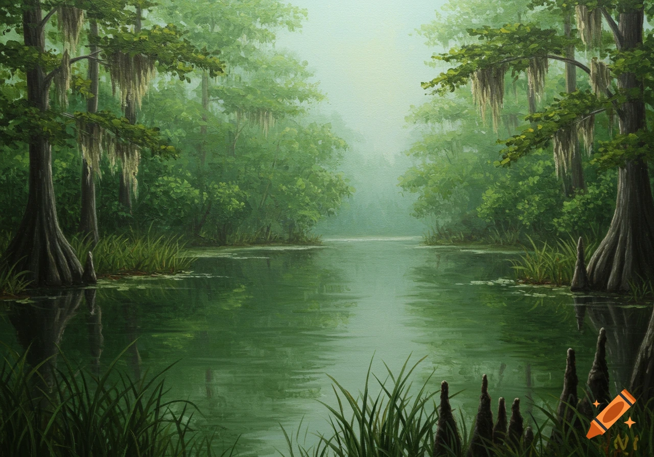 A vibrant green oil painting of a misty swamp with cypress trees draped in Spanish moss along a calm waterway.