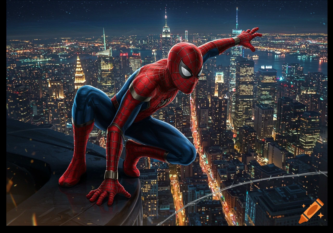 Spider-Man crouched on a rooftop overlooking a vibrant, illuminated city skyline at night.
