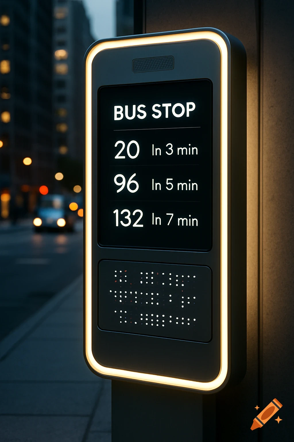 A modern, illuminated bus stop information panel at night in a city, displaying bus routes, arrival times, and a Braille section.