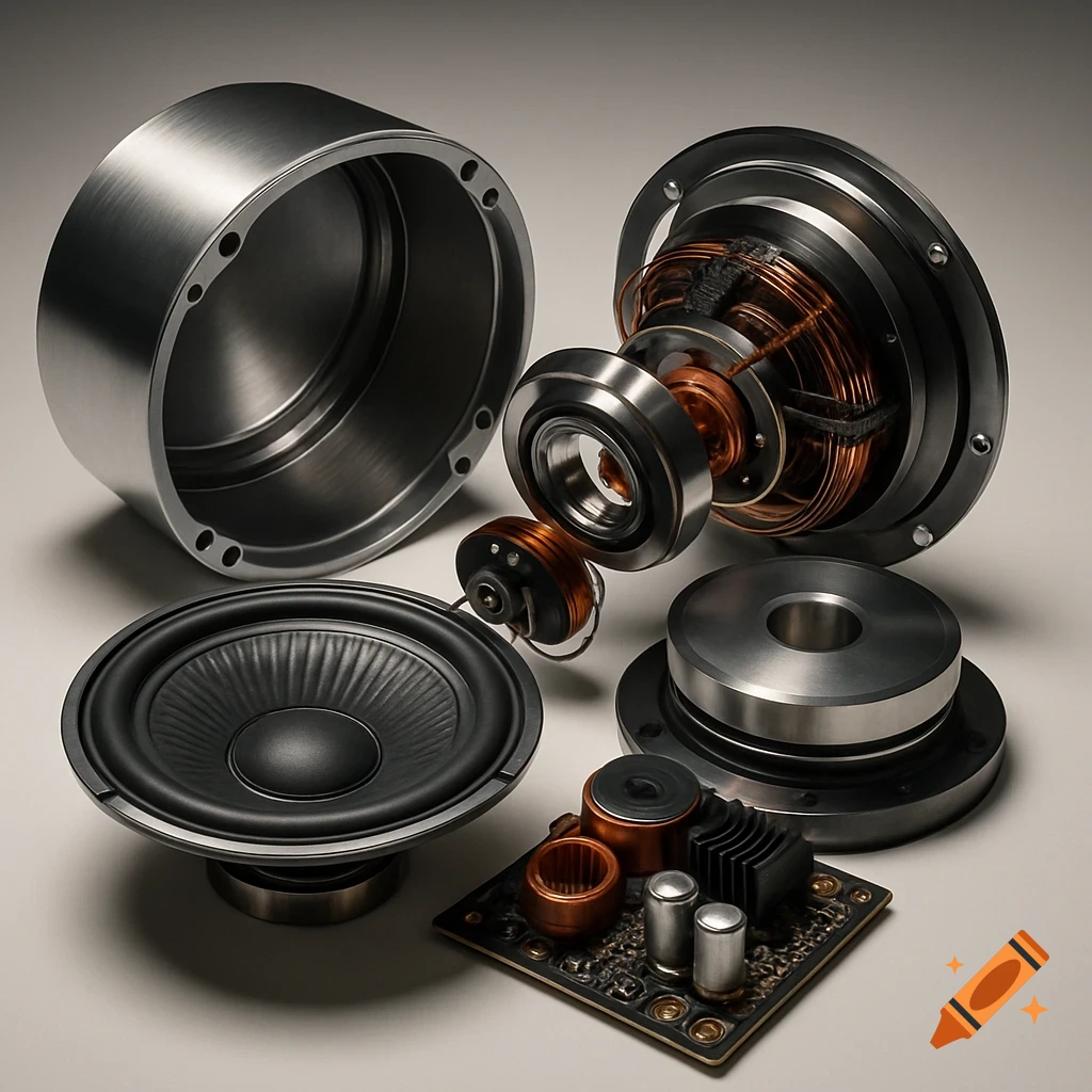 Disassembled speaker components including a cone, metallic housing, copper coils, and a circuit board.