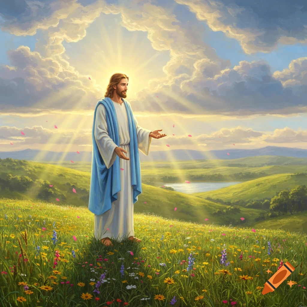Jesus Christ stands in a vibrant, sun-drenched meadow with wildflowers and distant hills, rays of light shining from above.