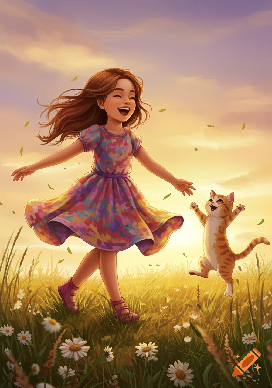 An animated girl in a colorful dress and a ginger cat joyfully dance in a sunlit field with daisies and falling leaves.