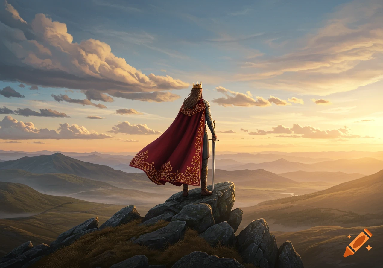 A king in armor and a flowing red cape stands on a rocky mountain peak at sunset, overlooking a vast, misty landscape.