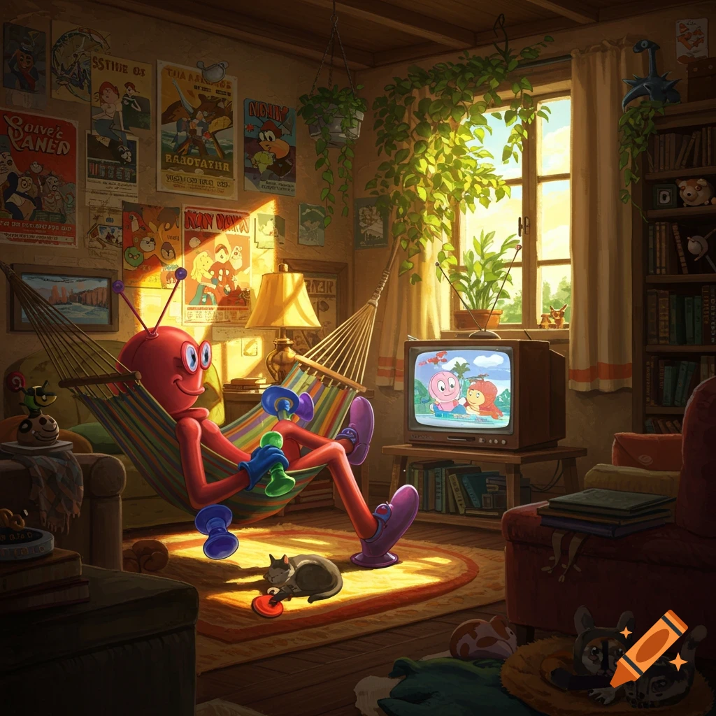 A red, ant-like cartoon character with suction cups on its limbs relaxes in a hammock, watching TV in a cozy, sunlit room with a cat.