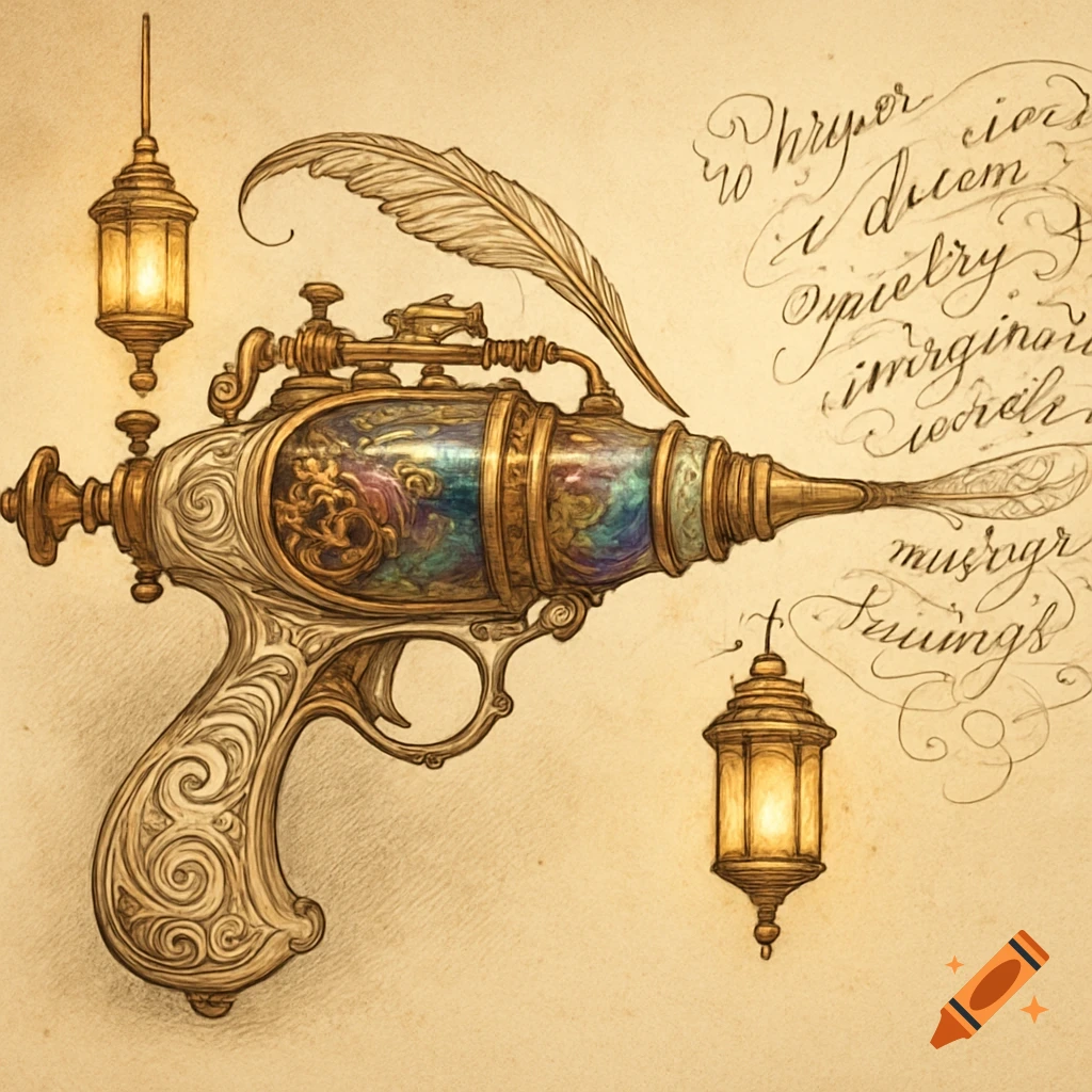 An intricate steampunk diagram of a poetry-creating ray gun, with a quill, glowing lanterns, and decorative script.