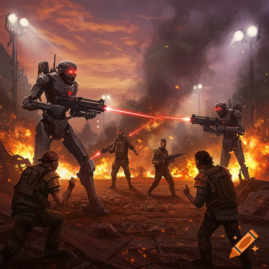 Large robots and human soldiers engage in a futuristic battle, firing lasers amidst explosions and debris under a smoky sky.
