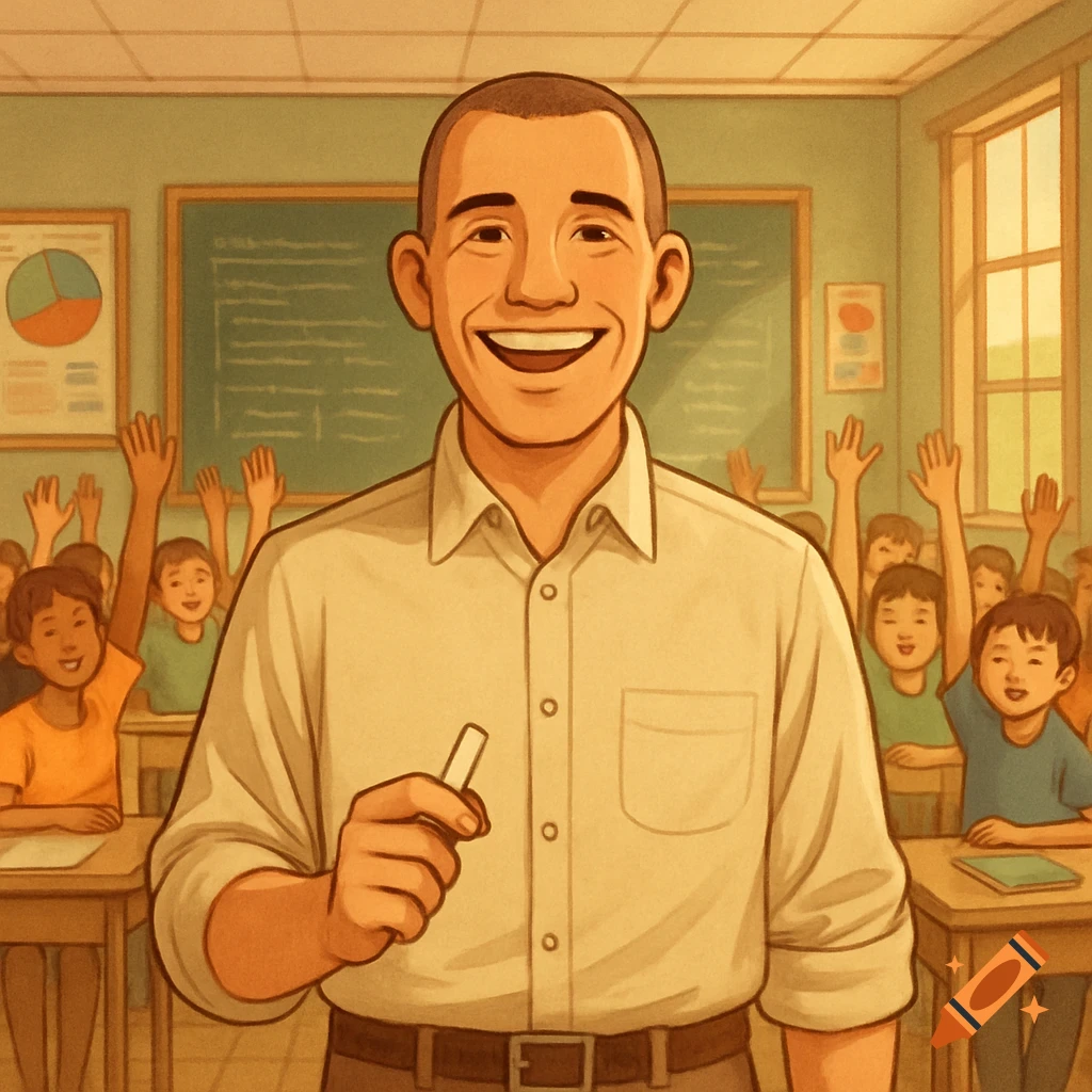 A smiling male teacher with a buzz cut holds chalk in a cartoon classroom with students raising their hands in the background.