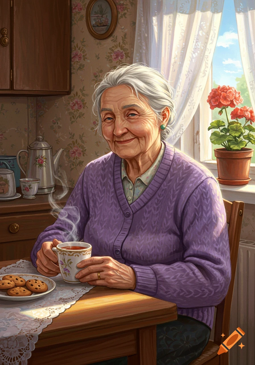 Smiling elderly woman with white hair sips tea at a sunlit table with cookies and a potted red geranium.