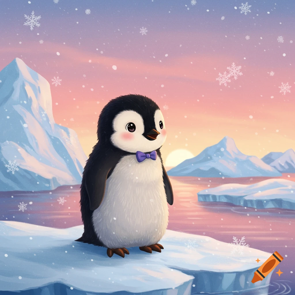 A cute fluffy penguin with a purple bow tie stands on an iceberg with falling snow and a sunset sky.