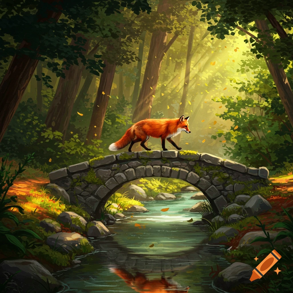 A red fox walks across a stone bridge over a stream in a sunlit, vibrant green forest, illustration.