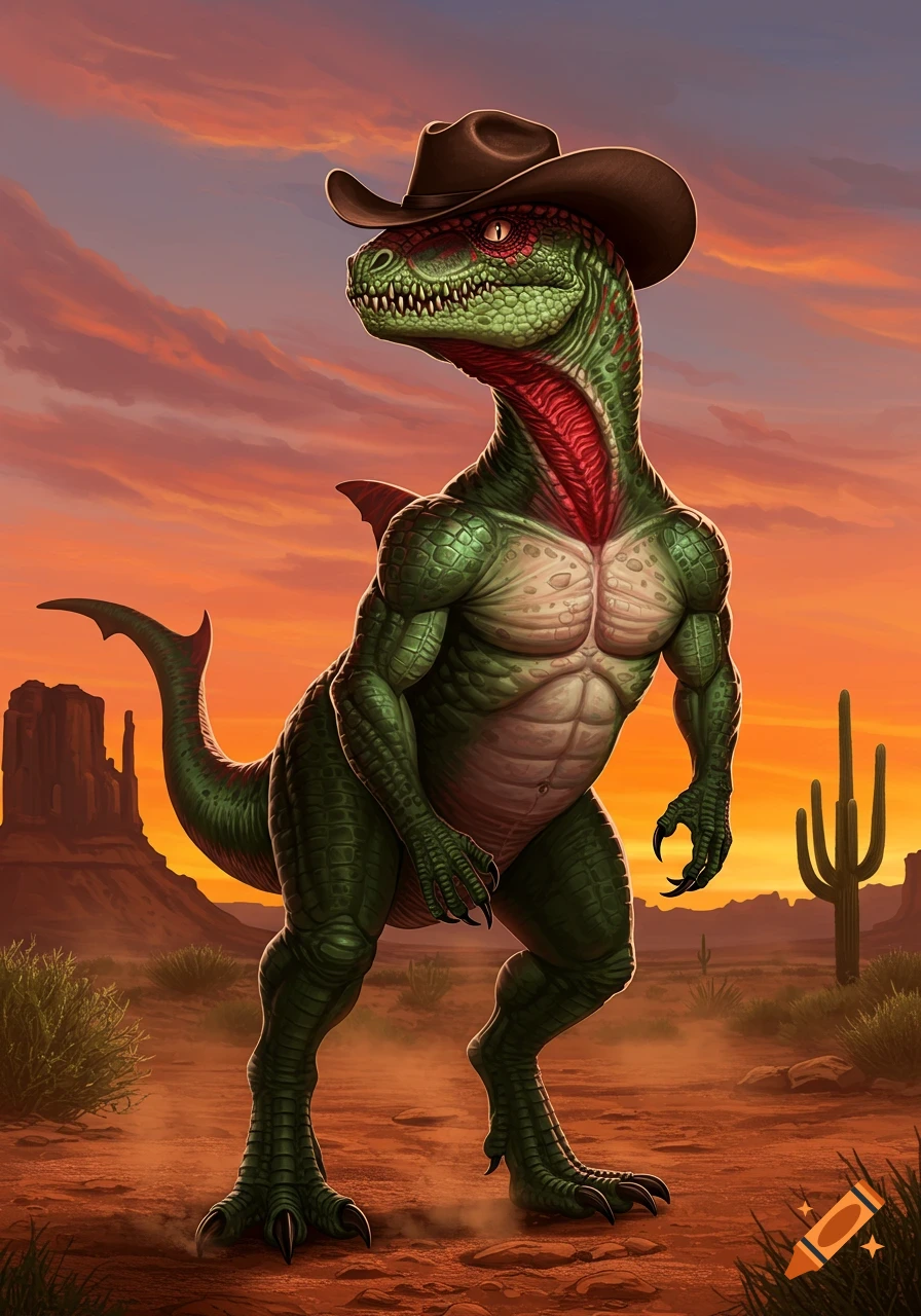 A muscular, green and red humanoid dinosaur wearing a brown cowboy hat stands in a desert landscape at sunset.