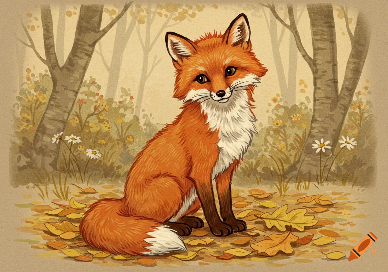 A charming 1940s style illustration of a reddish-orange fox sitting among autumn leaves and trees.