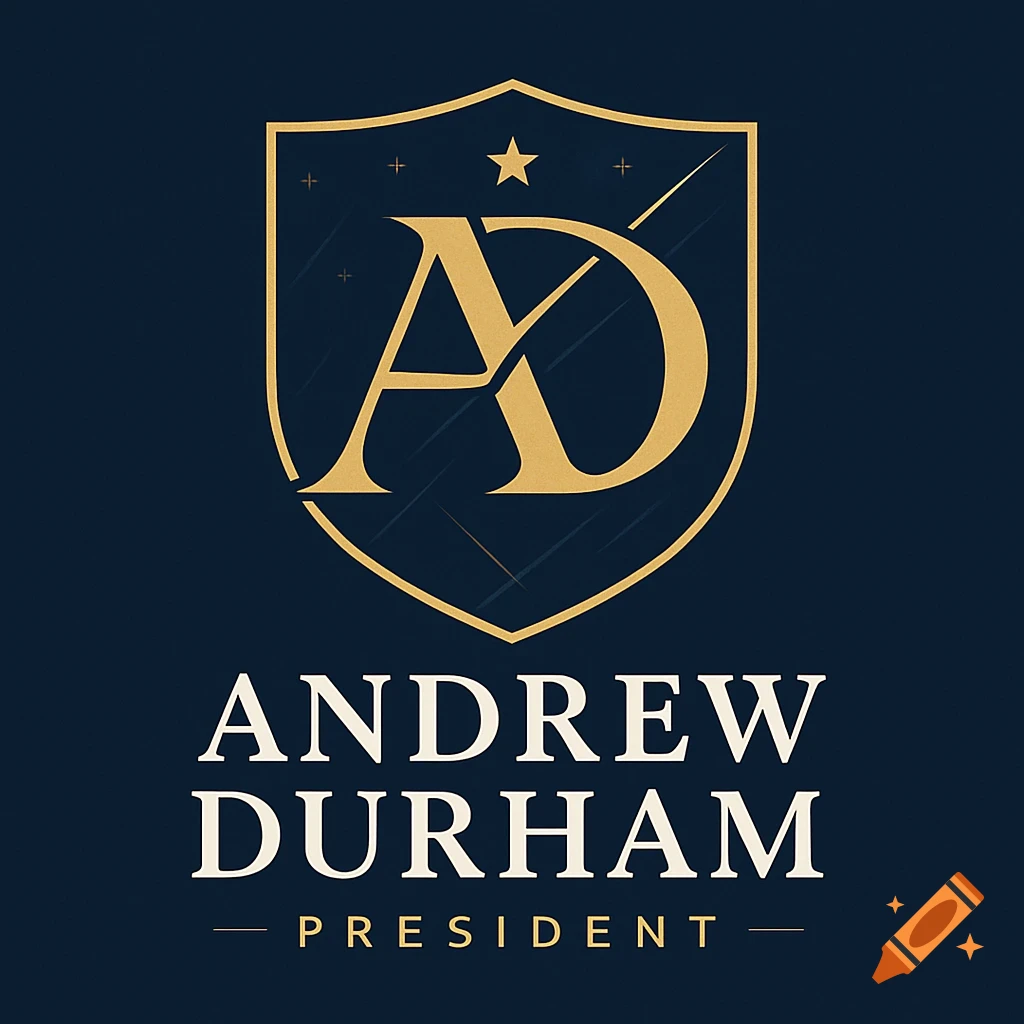 A dark blue presidential campaign logo with a gold shield containing a stylized 'AD' monogram and the text 'Andrew Durham President' in white.