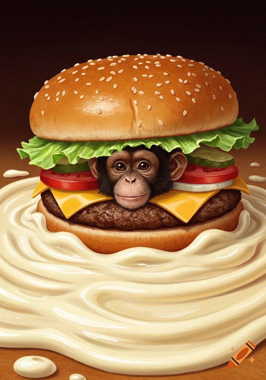 A baby monkey's head peeks out from the center of a cheeseburger, which is drowning in a large pool of creamy mayonnaise. The image has a detailed, illustrative style.