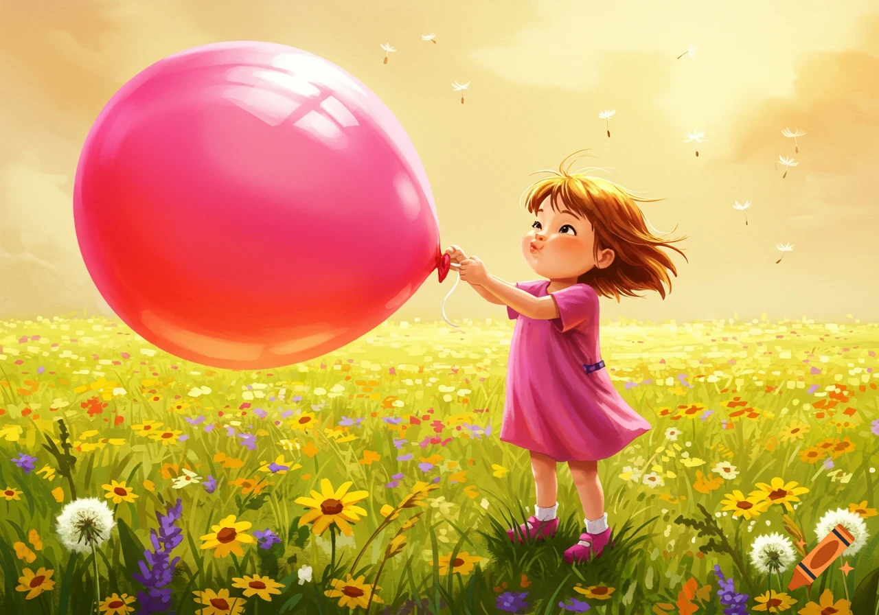 A cartoon girl in a pink dress blows a huge pink balloon in a sunny field of colorful flowers, with dandelions floating.