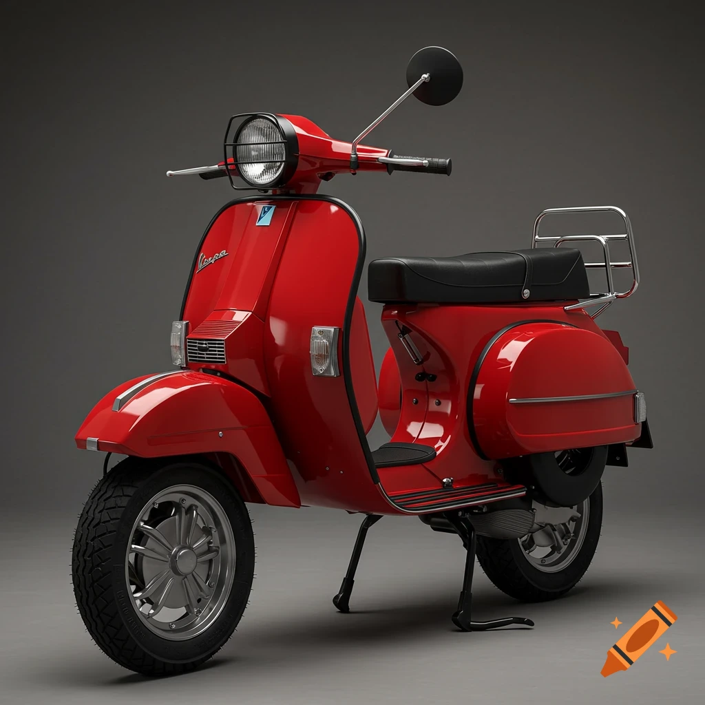 A photorealistic image of a vintage red Vespa scooter with a black seat and black details, parked on a gray background.