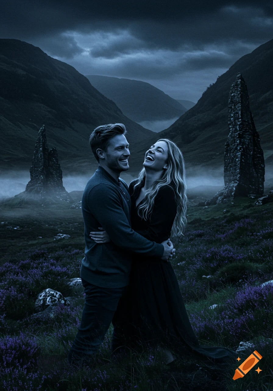 A happy couple embraces and laughs in a dark, misty Scottish glen with tall rock formations and purple heather.