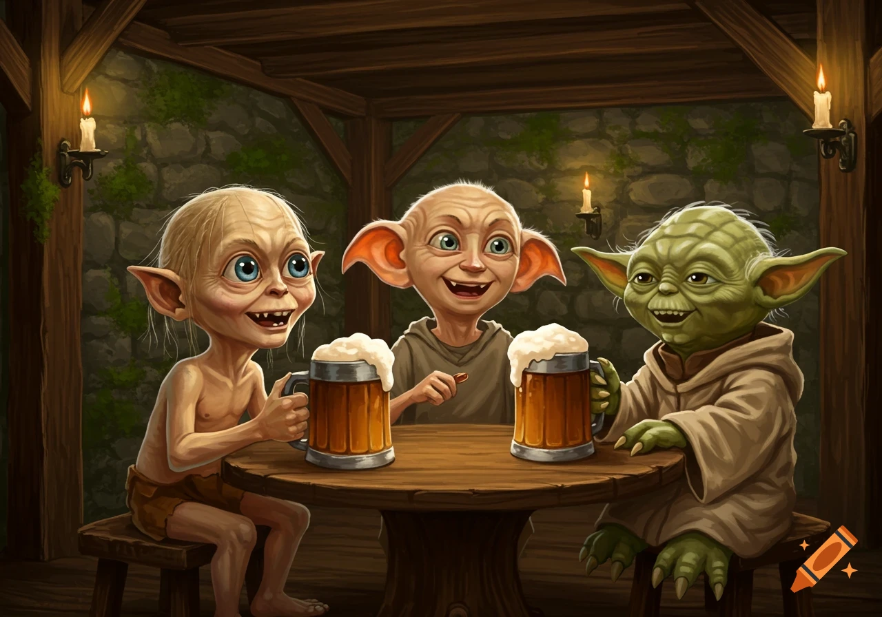 Gollum, Dobby, and Yoda happily sit at a wooden tavern table, each holding a frothy mug. The background shows stone walls and candlelight.