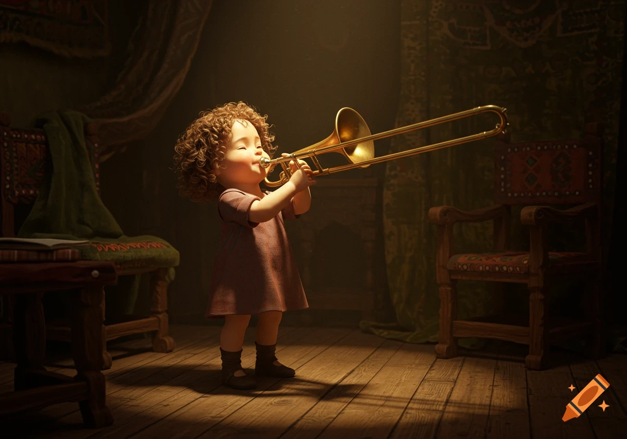A curly-haired child in a dimly lit room plays a trombone, illuminated by a spotlight in a dramatic, classical style.