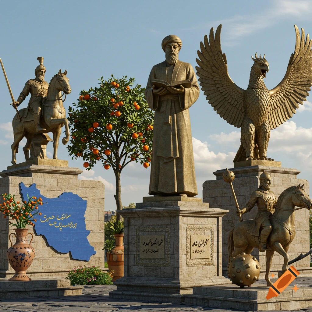 A public square with golden statues of Iranian figures, including a scholar, a warrior on horseback, and a Simurgh, alongside an orange tree and a blue map of Iran.