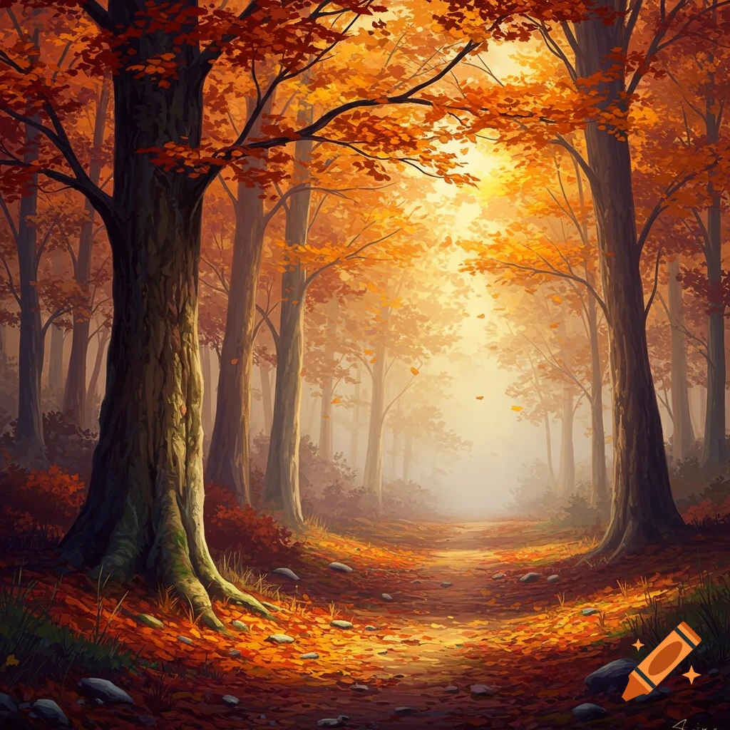A vibrant, painterly autumn forest with a path winding through trees covered in orange and yellow leaves, sunlight filtering through.